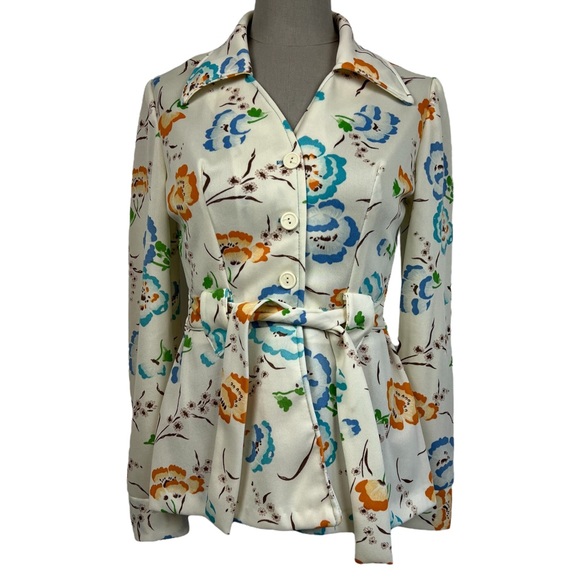 Vtg 60’s 70’s Button Up Blouse Floral Belted Long Sleeve Boho Hippie Retro Sz 12 - Picture 5 of 6